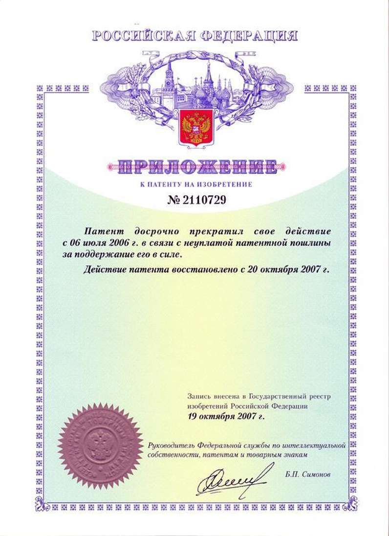 Приложение к патенту №2110729 - документы «НТФ ВОСТОКнефтегаз»